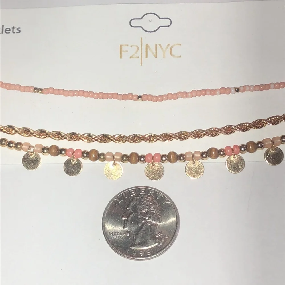 3 Gold Tone Pink Beaded Boho Ankle Bracelets